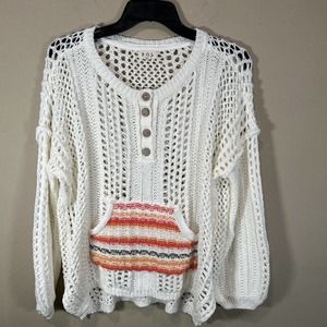 Pol Sweater Womens Size S Off White Open Knit Kangaroo Pocket Dropped Shoulder